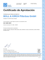 [翻译成西班牙语:]认证系统(Certificamos que el Sistema de Gestión de Boll & Kirch Filterbau GmbH ha sido approbado por LRQA de acuerdo con las siguientes Normas ISO 14001:2015 ✓